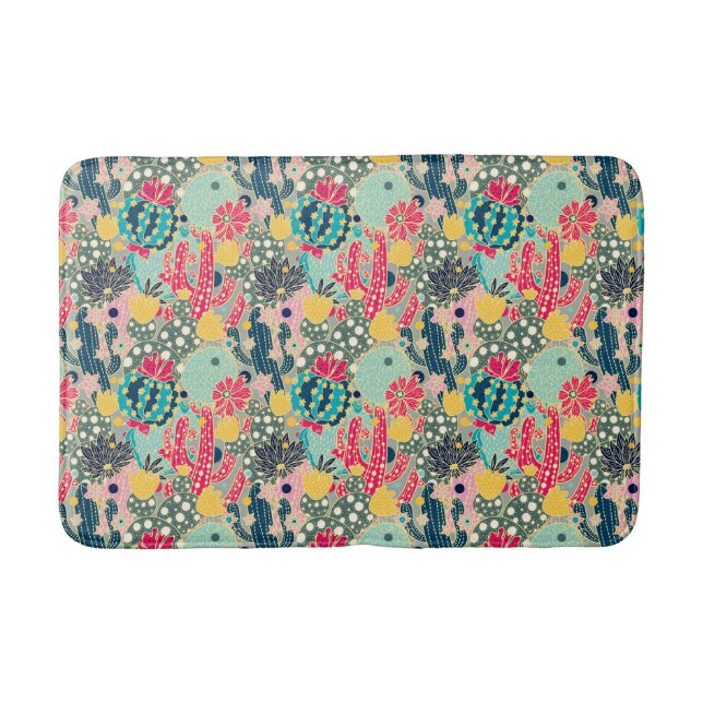 Monogram | Colorful Polka Dot Cactus Pattern Bath Mat (Front)