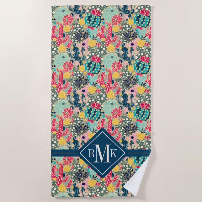 Monogram | Colorful Polka Dot Cactus Pattern Beach Towel (Front)