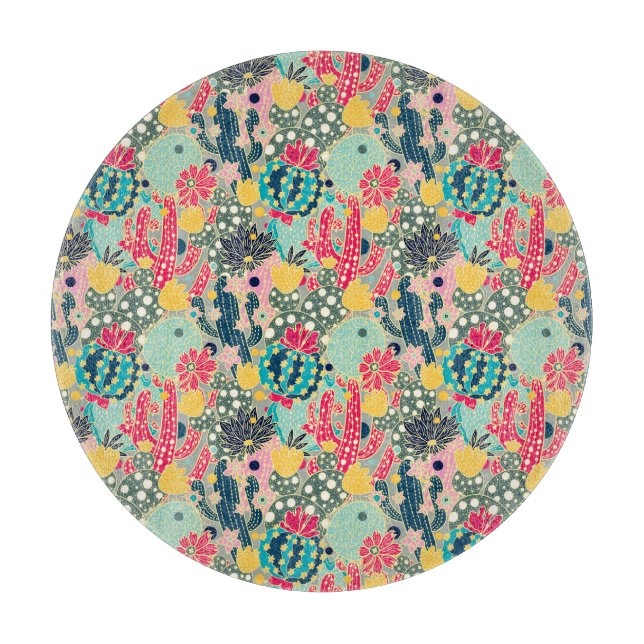 Monogram | Colorful Polka Dot Cactus Pattern Cutting Board (Front)