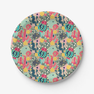 Monogram   Colorful Polka Dot Cactus Pattern Paper Plates
