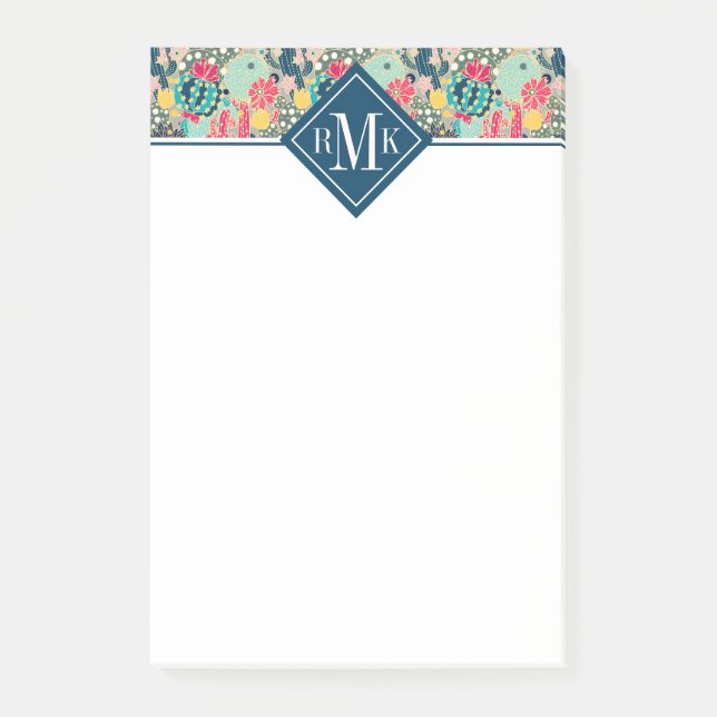 Monogram | Colorful Polka Dot Cactus Pattern Post-it Notes (Front)