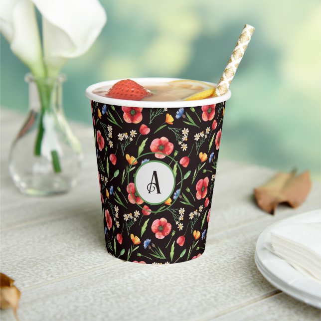 Monogram Colorful Poppies & Wildflowers Pattern Paper Cups (Insitu)