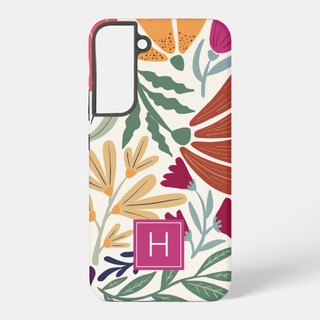 Monogram Colorful Retro Floral Boho Samsung Galaxy Case (Back)
