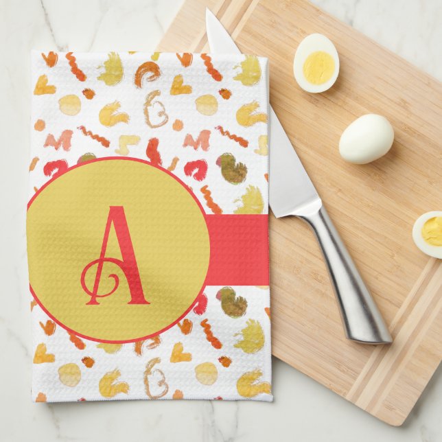 Monogram Colorful Shapes Red Stripe Kitchen Towel (Quarter Fold)