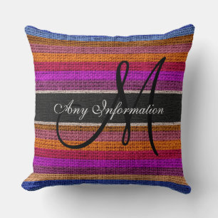Monogram Colorful Stripes Burlap Rustic Jute #11 Throw Pillow