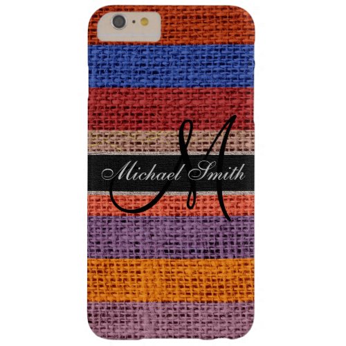 Monogram Colorful Stripes Burlap Rustic Jute 3 Barely There iPhone 6 Plus Case