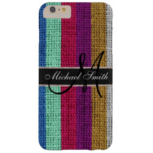 Monogram Colorful Stripes Burlap Rustic Jute 5 Barely There iPhone 6 Plus Case