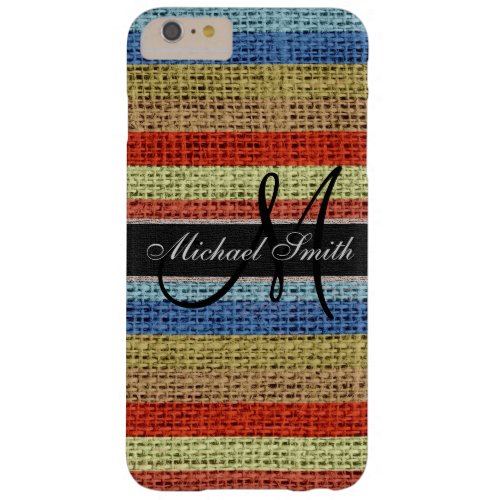 Monogram Colorful Stripes Burlap Rustic Jute 7 Barely There iPhone 6 Plus Case