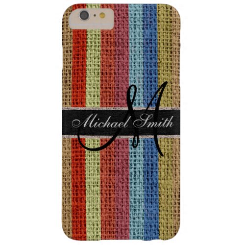 Monogram Colorful Stripes Burlap Rustic Jute 8 Barely There iPhone 6 Plus Case