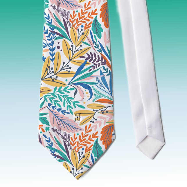 Monogram Colorful Stylish Botanical Pattern Neck Tie (Creator Uploaded)
