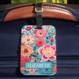 Monogram Colorful Stylish Floral Pattern Luggage Tag