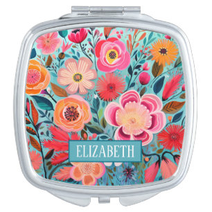 Monogram Colorful Stylish Floral Pattern Travel Compact Mirror