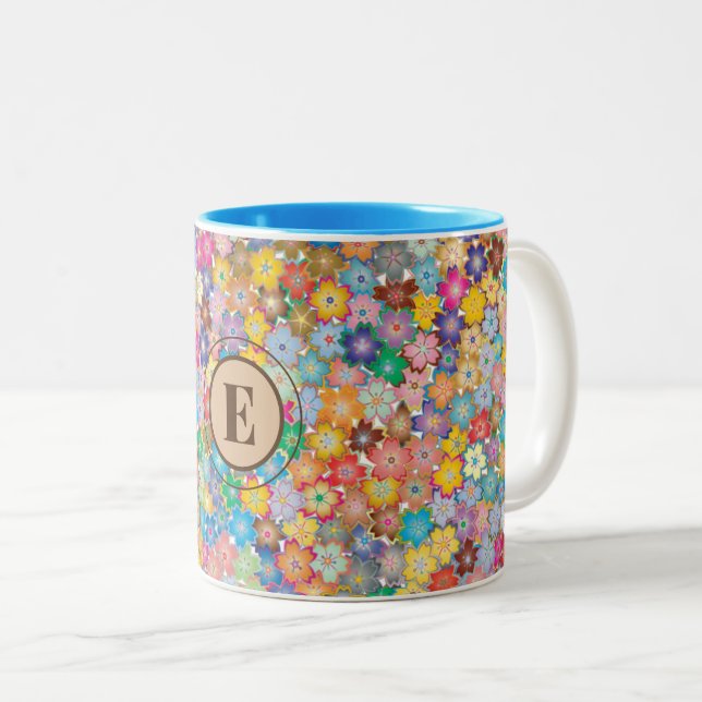 Monogram Colorful Tiny Flowers Two-tone 11oz Mug (Front Right)