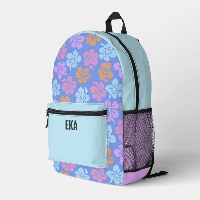 Monogram Colorful Tropical Floral Girls School Printed Backpack (Back Corner Right)
