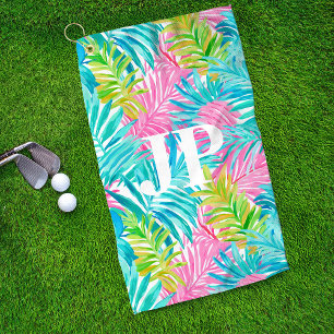 Monogram Colorful Tropical Leaves Custom Golf Towel