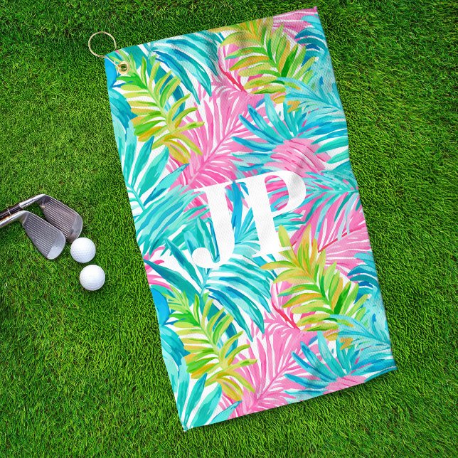 Monogram Colorful Tropical Leaves Custom Golf Towel (Creator Uploaded)