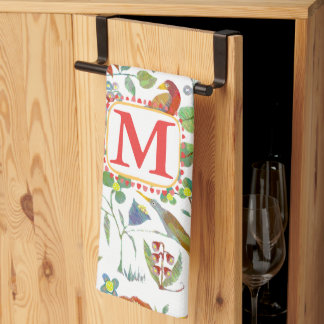 Monogram Colorful Vintage Birds Floral Pattern Towel