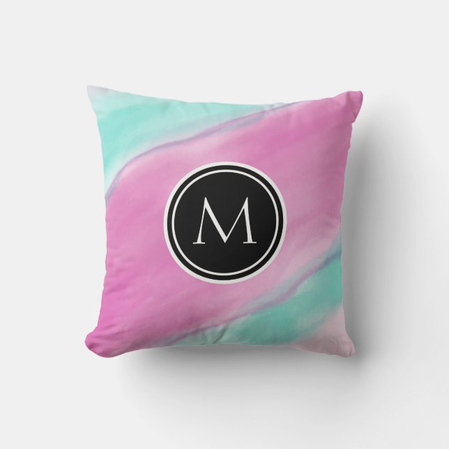 Monogram Colorful Watercolor Throw Pillow (Front)