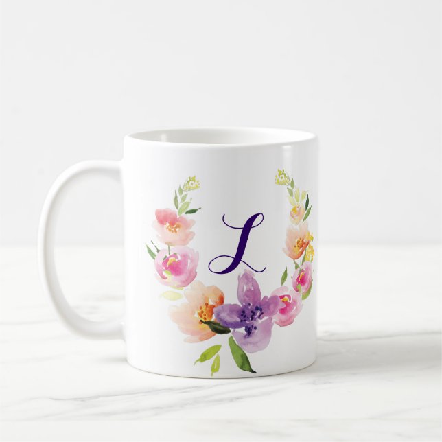 Monogram Colorful Watercolors Flowers Wreath Coffee Mug (Left)