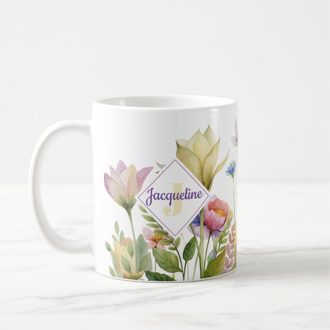 Monogram Colorful Wild Flower Illustrated Coffee Mug (Left)