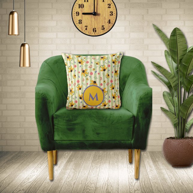 Monogram Coneflower Butterfly Floral Patterned  Throw Pillow (Monogram Coneflower Butterfly Floral Patterned Throw Pillow)
