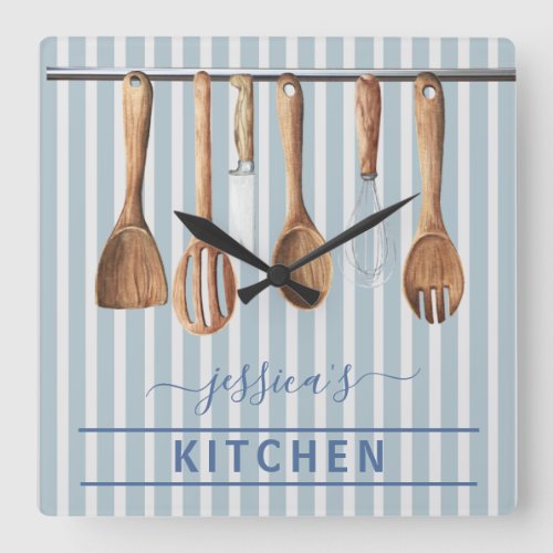 Monogram Cook Kitchen Watercolor Utensils Square Wall Clock