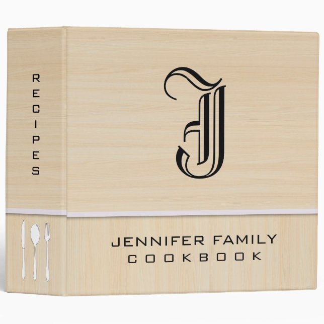Monogram Cooking Wood Grain 3 Ring Binder (Front/Spine)