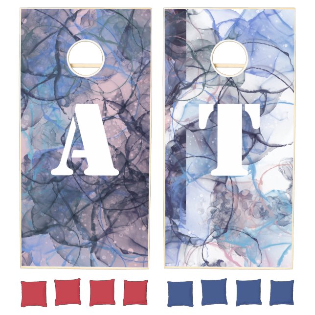 Monogram Cool Pink Blue Black White Abstract Art Cornhole Set (Set)