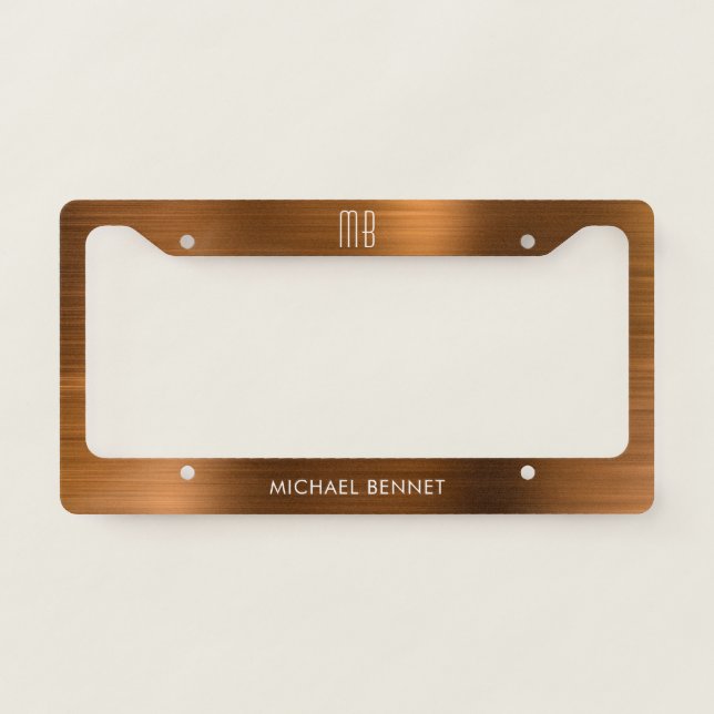 Monogram Copper Brown Brushed Metallic License Plate Frame (Front)