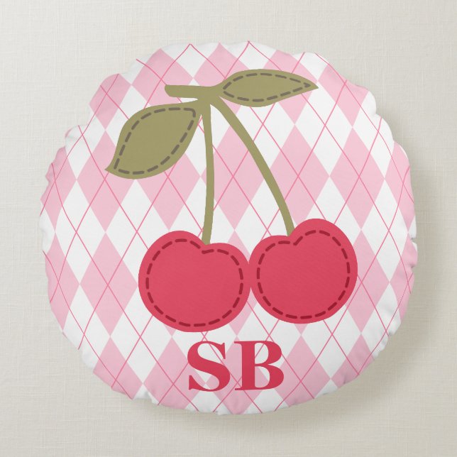 Monogram Coquette Cherry Pink Jacquard Round Pillow (Front)