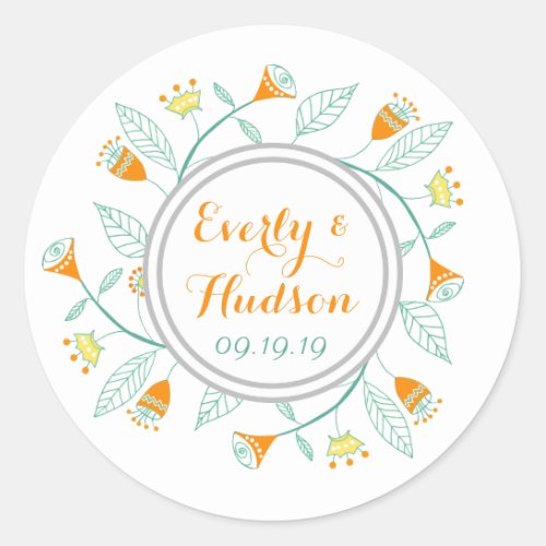 Monogram Coral and Mint Modern Garland Classic Round Sticker