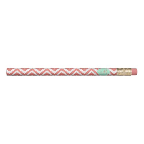 Monogram Coral and White Chevron with Mint Green Pencil