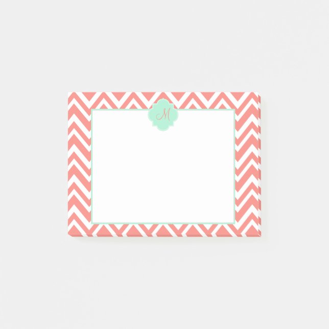 Monogram Coral and White Chevron with Mint Green Post-it Notes (Front)