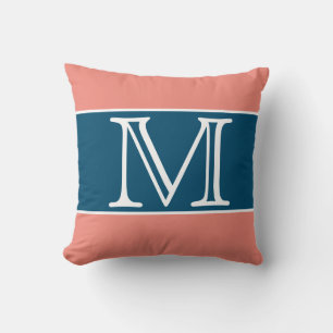 MONOGRAM Coral blue stripe Solid Color Throw Pillow
