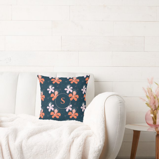 Monogram Coral Blush Hibiscus Pattern Throw Pillow (Couch)