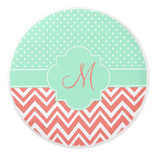 Monogram Coral Chevron with Mint Polka Dot Pattern Ceramic Knob