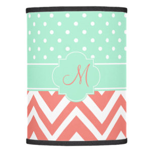 Monogram Coral Chevron with Mint Polka Dot Pattern Lamp Shade