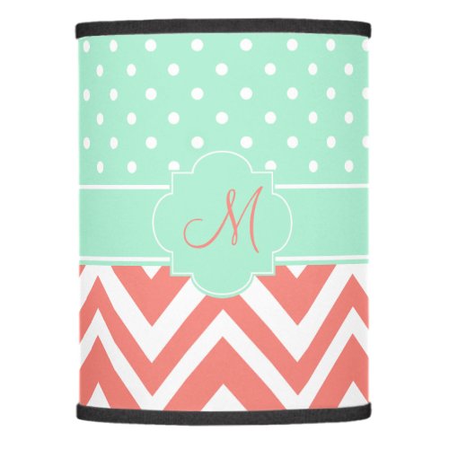 Monogram Coral Chevron with Mint Polka Dot Pattern Lamp Shade