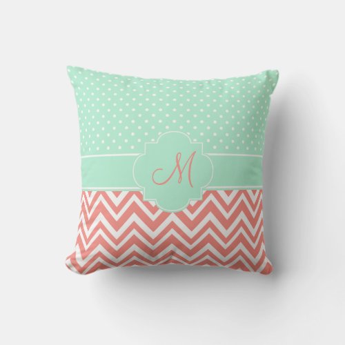 Monogram Coral Chevron with Mint Polka Dot Pattern Outdoor Pillow