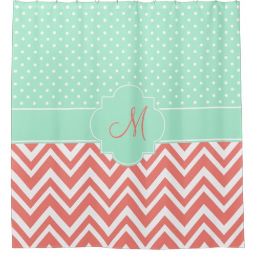 Monogram Coral Chevron with Mint Polka Dot Pattern Shower Curtain