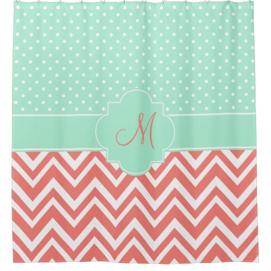 Monogram Coral Chevron With Mint Polka Dot Pattern Shower