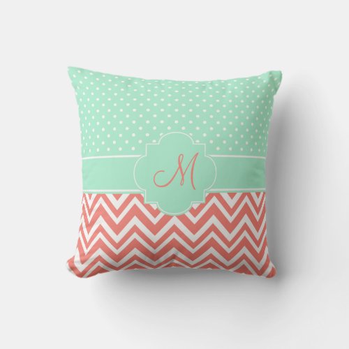 Monogram Coral Chevron with Mint Polka Dot Pattern Throw Pillow