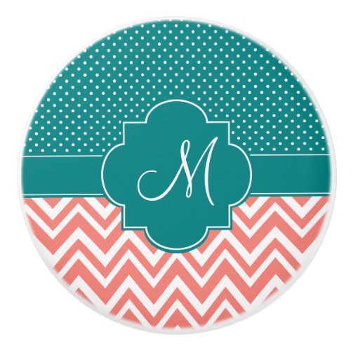 Monogram Coral Chevron with Teal Polka Dot Pattern Ceramic Knob