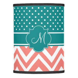 Monogram Coral Chevron with Teal Polka Dot Pattern Lamp Shade