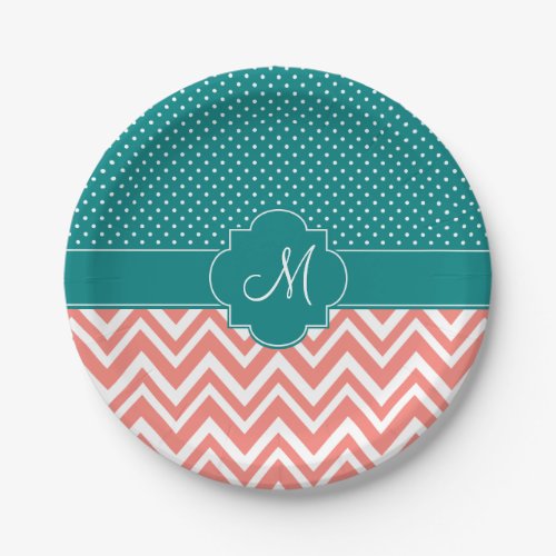 Monogram Coral Chevron with Teal Polka Dot Pattern Paper Plates