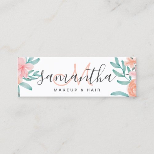 Monogram coral floral watercolor bouquet chic mini business card