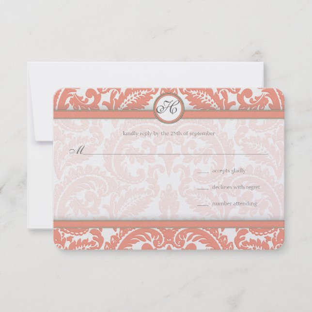 Monogram Coral & Gray Damask  Wedding RSVP Card (Front)