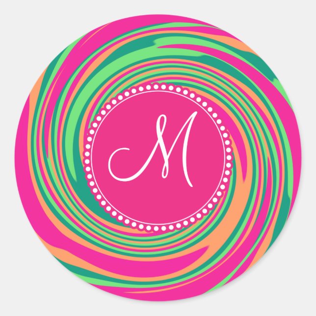 Monogram Coral Hot Pink Green Whirlpool Swirl Classic Round Sticker (Front)