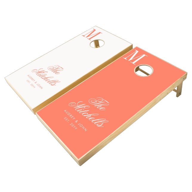 Monogram Coral  Ivory Script Wedding Cornhole Set (Angled)