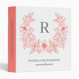 Monogram Coral Magnolia Flowers Wreath 3 Ring Binder